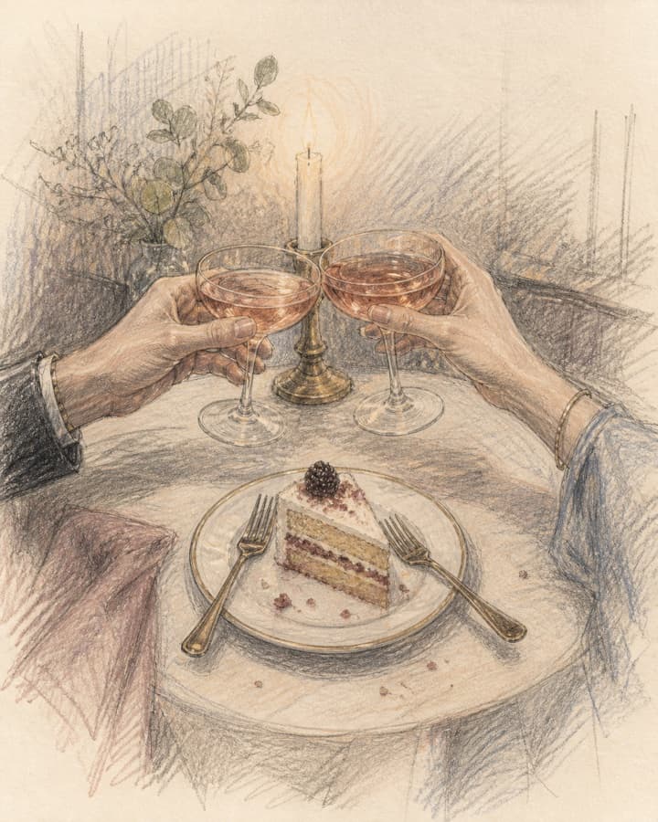 Colored-pencil illustration of two people toasting over a shared slice of cake on a date night